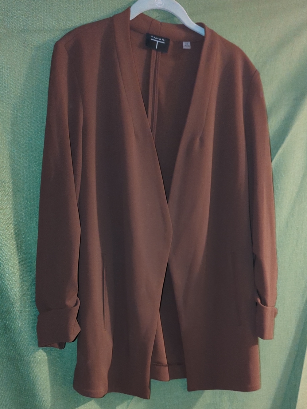 Tahari Chestnut Brown Open-Front Longline Blazer Large L